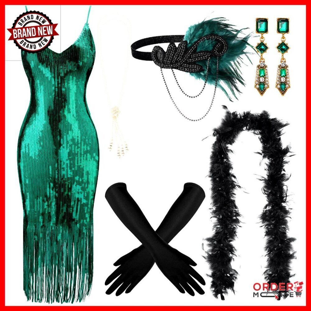7-Piece Flapper Costume Set with Sequin Dress, Accessories, and Feather Boa